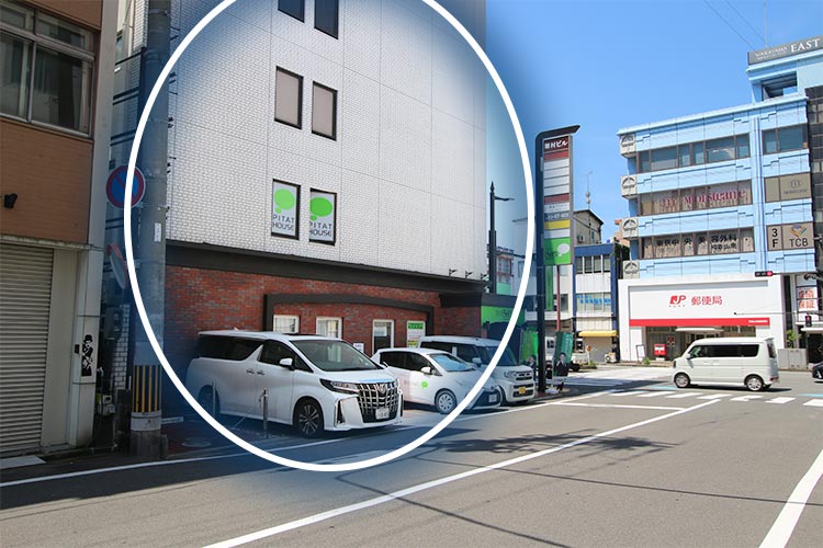 大通り手前の左手の雑村ビルが当院の入っているビルです。